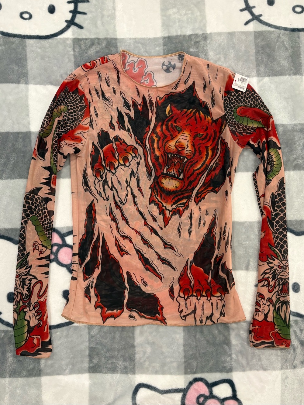 Y2K Tattoo Tiger Dragon Mesh Long Sleeve Top